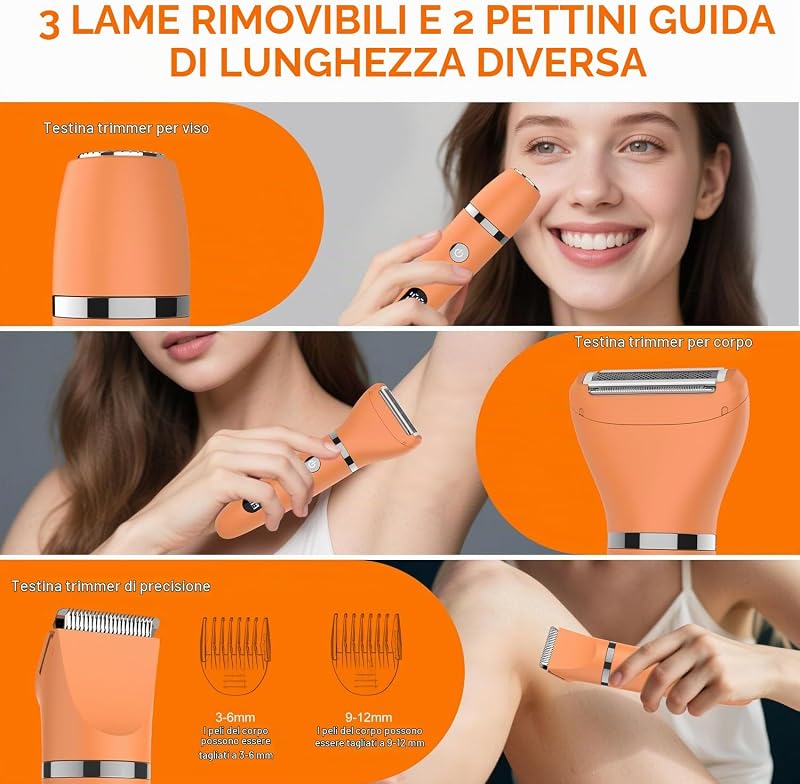 Rasoio elettrico per donna Viso Bikini Corpo Tagliapeli corporeo per donna Epilatore per zona Bikini-Trimmer Impermeabile IPX7 Display LCD Uso a secco/bagnato,Arancione
