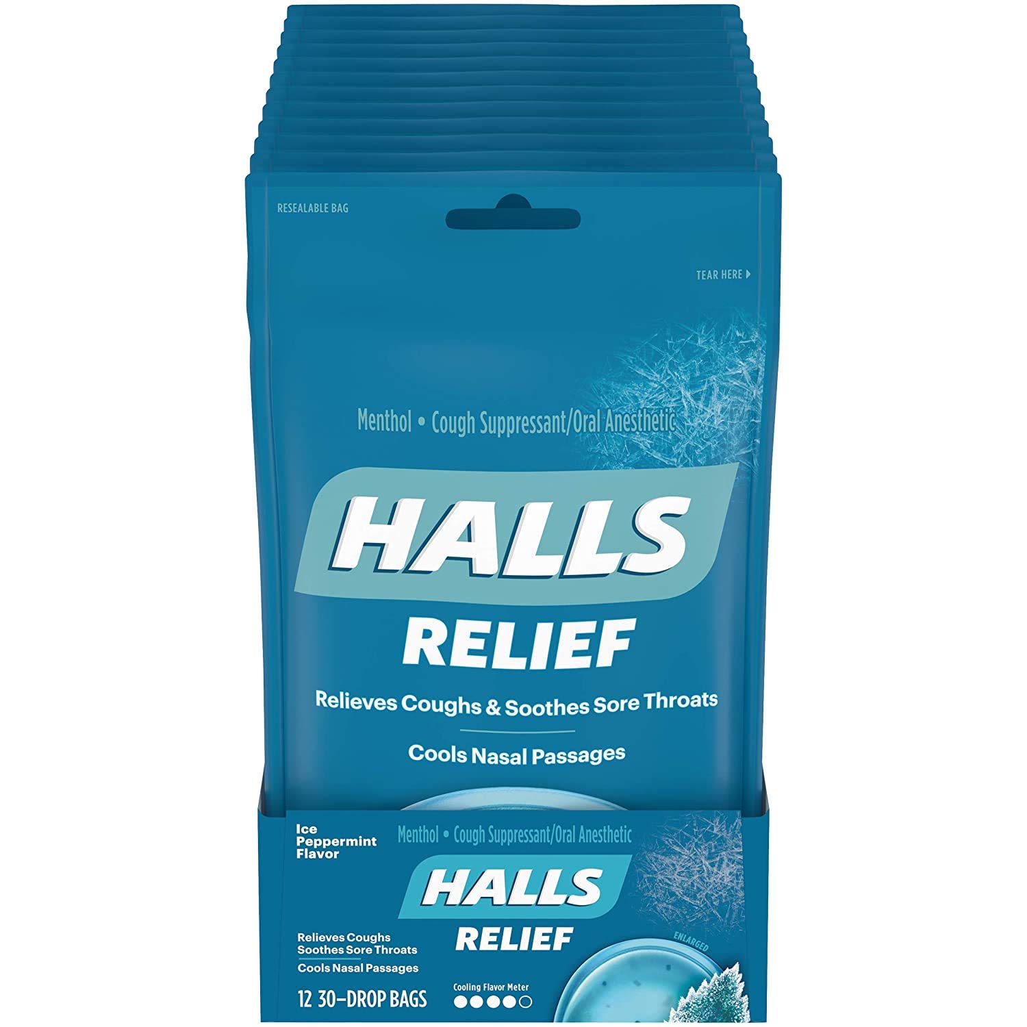 HALLS Relief Ice Peppermint Flavor Cough Drops, 12 Bags (360 Total Drops) : Cough Drops : Grocery & Gourmet Food