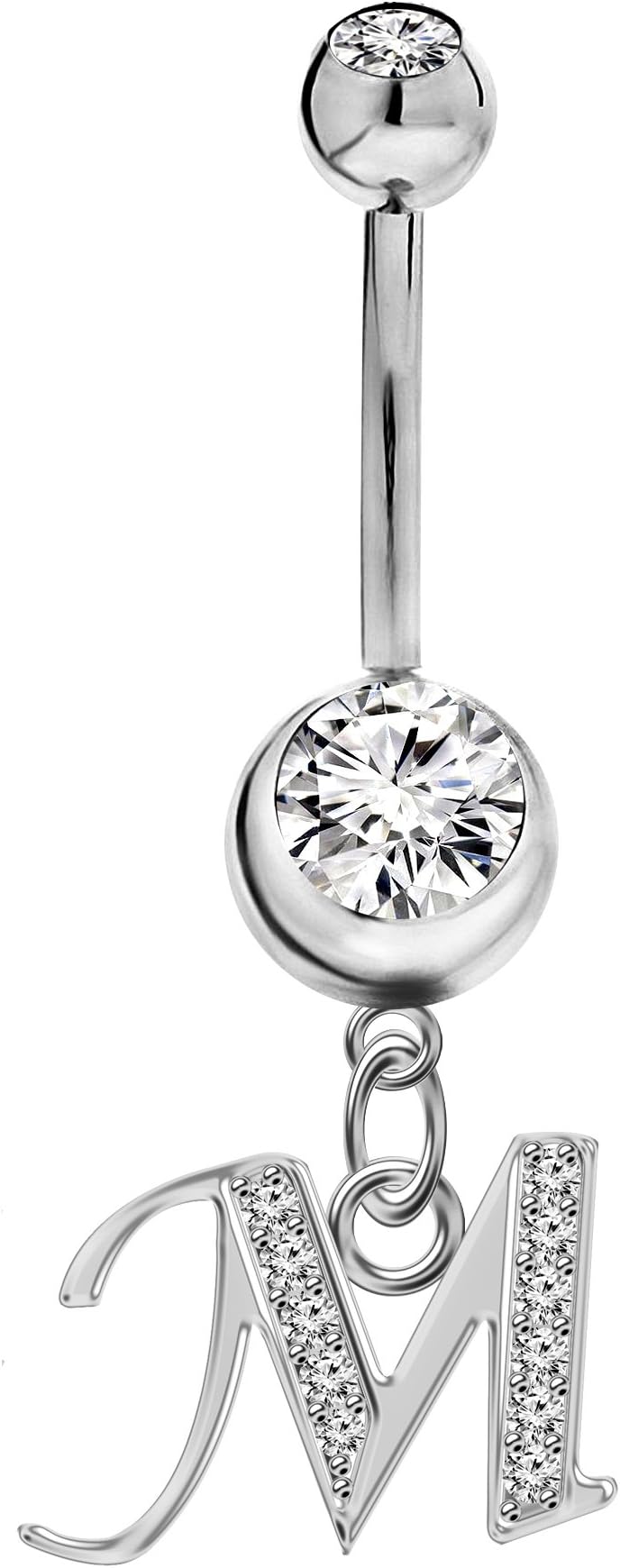 Sterling Silver Initial Dangle Belly Button Piercing Bars with CZ Crystals - Letters A to Z