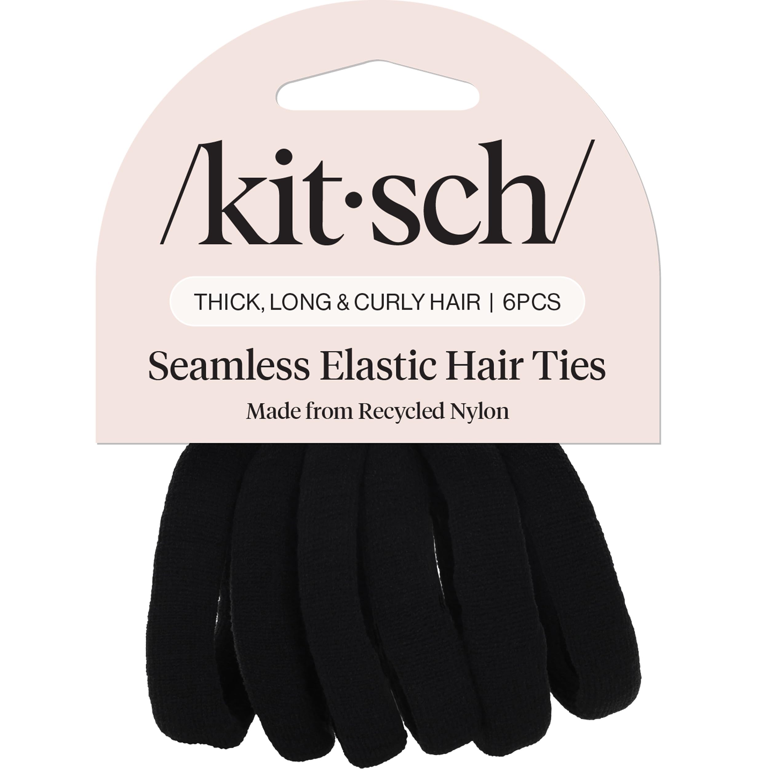 Kitsch Black Hair Ties 6pcs No Damage - Hair Bands for women - Strong Stretchy Hairbands & Hair Bobbles - Soft Nylon Hair Elastics, Snag-Free Rubber Bands for Updos & Braids
