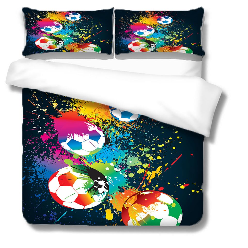 goodbath Double Duvet Cover Set, Sport Theme Colorful Football Black Background Bedding Set with 2 Pillowcases, Gift for Boys Girls — image 1