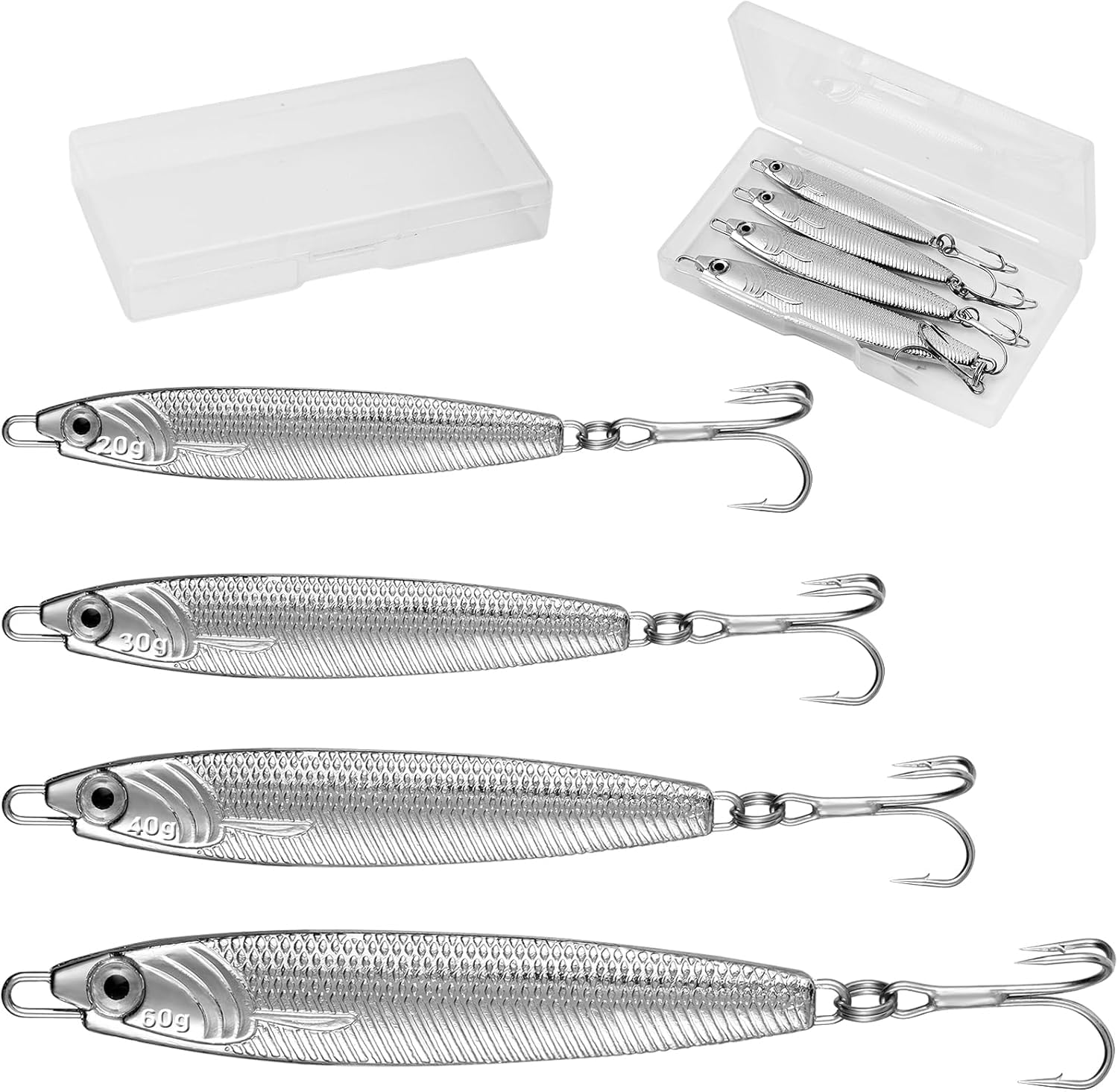 Annyswit 4 Pcs Metal Sea Fishing Lures with Trebles Hooks Silver Minnow Spoon Lures 20g 30g 40g 60g Pike Sea Fishing Tackle Metal Jigs for Mackerel & Cod & Bass & Freshwater