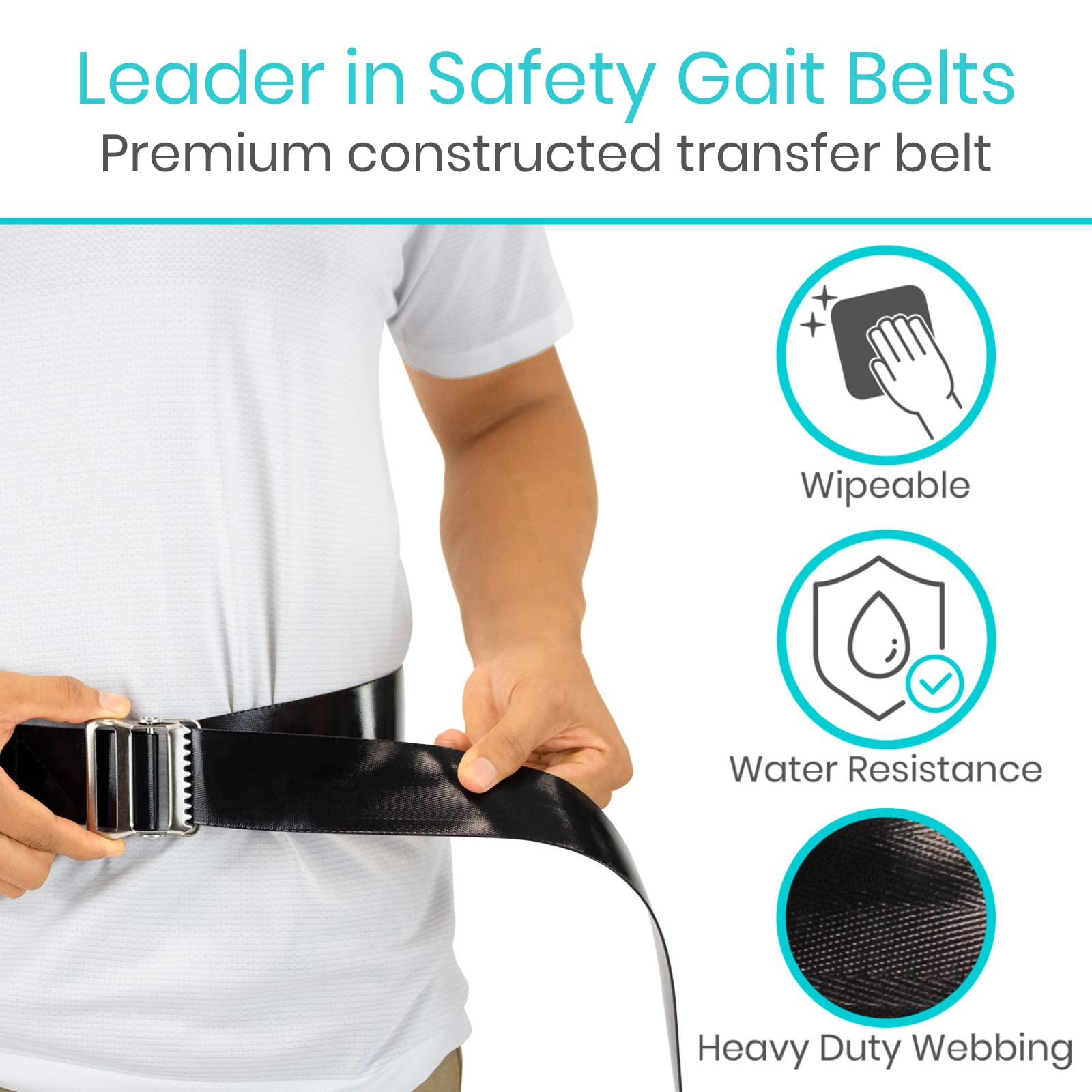 Vive Waterproof Gait Belt (60 Inch) - Easy-to-Clean, Wipeable Transfer Belt - Physical Therapy Belt with Quick Release Metal Buckle - Lift & Walking Assist Device for Seniors, Elderly and Bariatric
