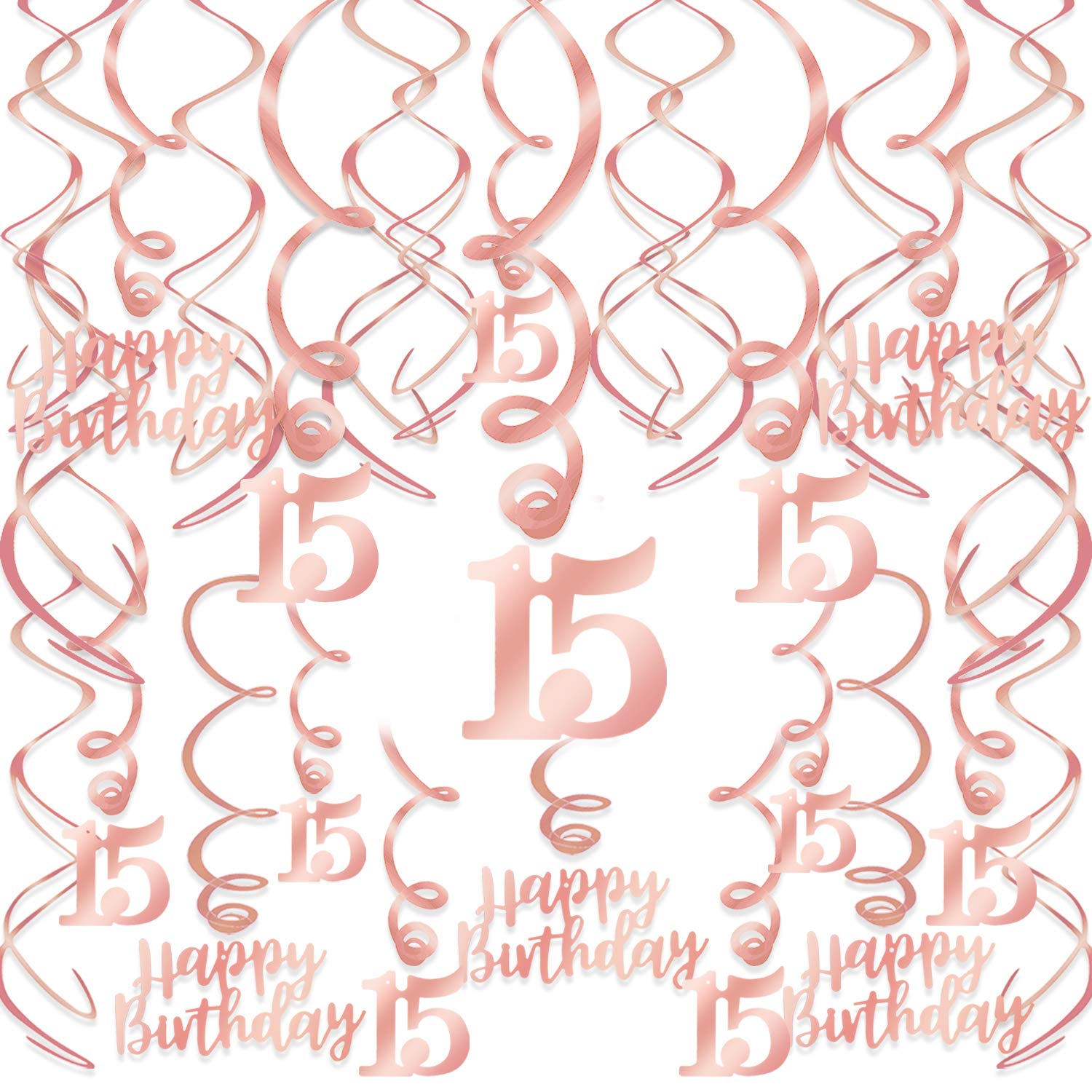 HOWAF Rose Gold 15th Birthday Decorations for Girls Birthday Party Supplies, 30pcs Rose Gold 15 & Happy Birthday Hanging Swirl Decorations
