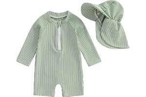 GUEUUSU Baby Boys Girls Swimsuit One Piece Striped Zipper Bathing Suit Rash Guard Long Sleeve Seersucker Swimwear Sunsuit
