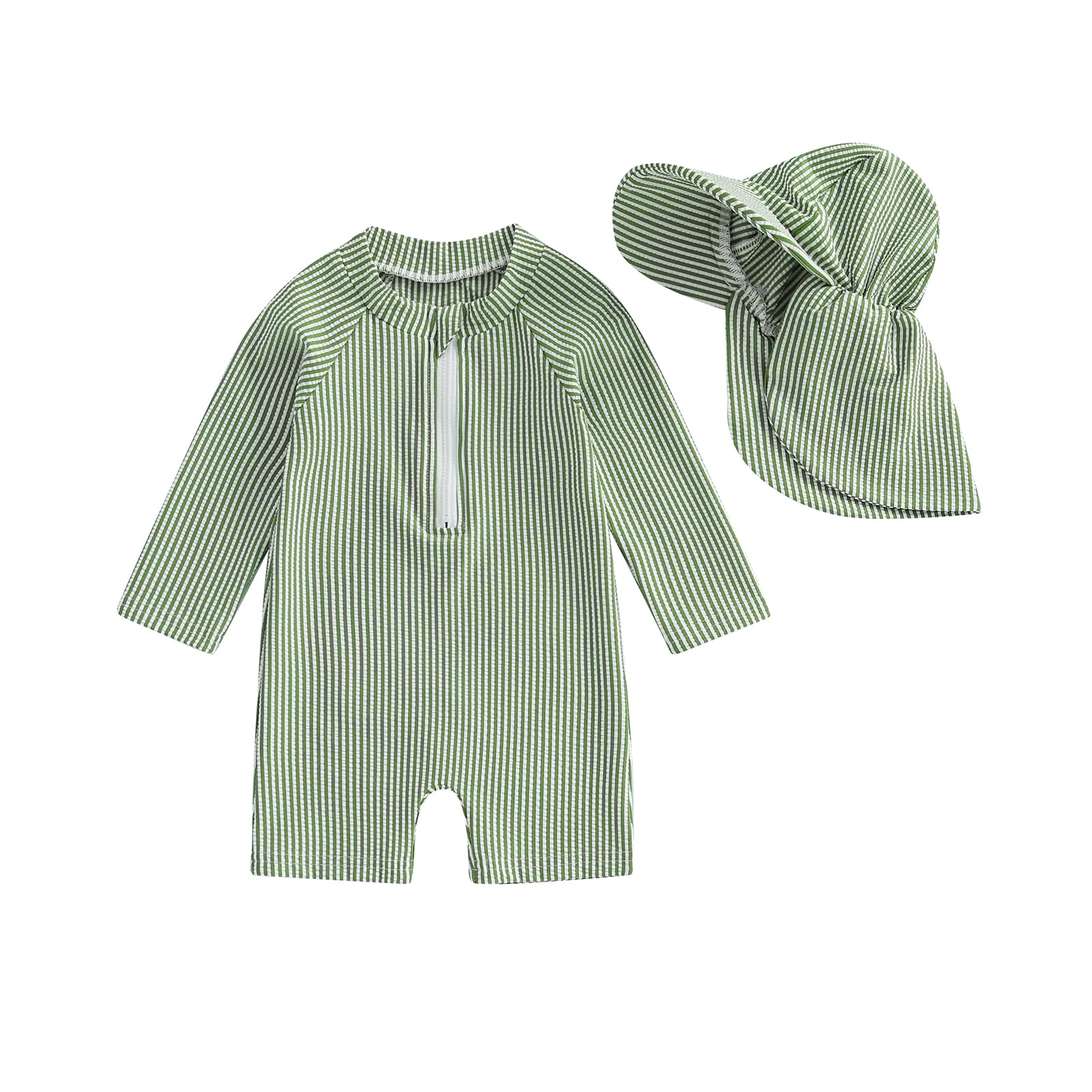 Photo 1 of Baby Boys Girls Swimsuit One Piece Striped Zipper Bathing Suit Rash Guard Long Sleeve Seersucker Swimwear Sunsuit (Green, 12-18 Months)