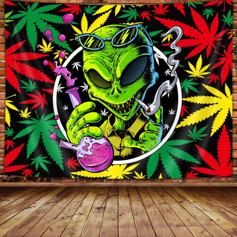 Tapestries - Wathon Trippy Weed Marijuana Tapestry Cool Alien Marijuana Leaf Wall Tapestry for Bedroom, Psychedelic Tie Dye Stoner Tapestries for Men Aesthetic Hippie Wall Art Poster for Dorm Home Decor 60X40IN