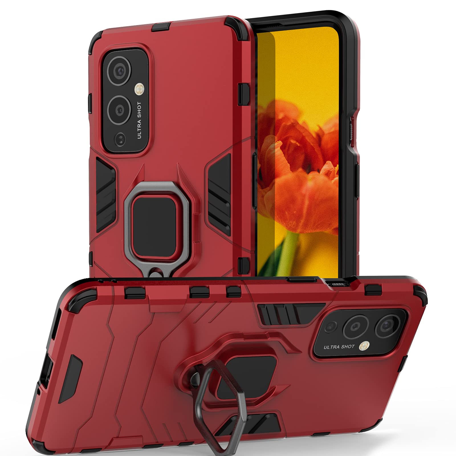 Photo 1 of Jusy Compatible with OnePlus 9 Case with Rotating Kickstand, Ring Holder and Magnetic Plate, Standard Protective Phone Case for Oneplus 9, Multi Functional One Plus 9 Phone Cover (Red)