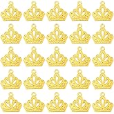 SUNNYCLUE 1 Box 60Pcs Gold Crown Charm King Queen Charms Bulk Metal Alloy Vintage Princess Tiara Hollow Connector Pendants Findings for Jewelry Making Bracelets Necklace Earring DIY Crafts Supplies