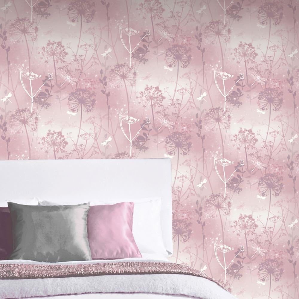 Arthouse Damselflies Pink & Silver Grey Blush Sparkling Wallpaper, Encased Glitter Gel Highlights Catch The Light - Image 3