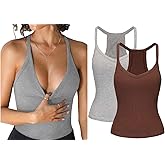 2 Pack V Neck Tank Tops for Women Built in Bra Racerback Womens Tank Tops Basics Yoga Ribbed Gym Sleeveless Shirts