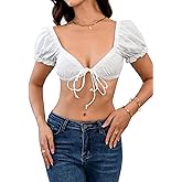 SweatyRocks Women's Sexy Tie Front Crop Top Deep V Neck Puff Short Sleeve Casual Blouse Shirt