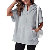 Fisoew Womens Oversized Half Zip Hoodies Short Sleeve Casual Sweatshirts Pullover Tops with Pockets