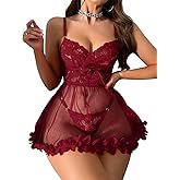 Foxiny Sexy Ruffle Floral Skirt Underwire Mesh Sheer Lace Babydoll Lingerie Dress with Thong 2 Piece