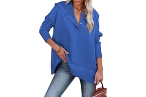 AlvaQ Women Casual Button V Neck Hoodies Oversized Pullover Sweatshirt Hooded Tops with Pockets