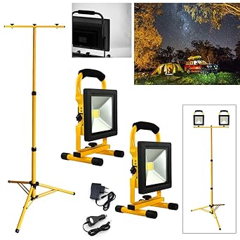 VINGO® 20w 2x LED Baustrahler Strahler Außen Scheinwerfer Kaltweiß + Doppelt Teleskop Stativ IP65