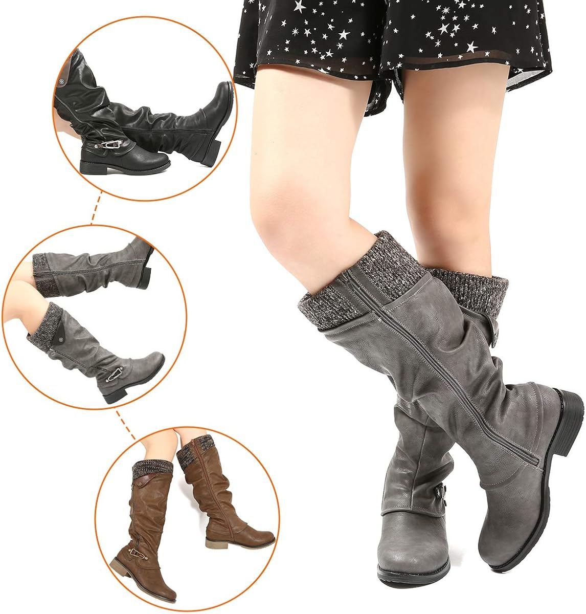  | gracosy Leather Knee Boots, Women's Knee High Boot Flat Heel Zipper Buckle Riding Boots | Knee-High