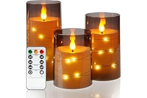Amagic Flameless Candles 3 Set, Flickering Battery Operated Candles with Embedded Fairy Lights, Acrylic Pillar Candles with Remote and Timer for Halloween Home Decor, Grey, D3 x H4 5" 6"