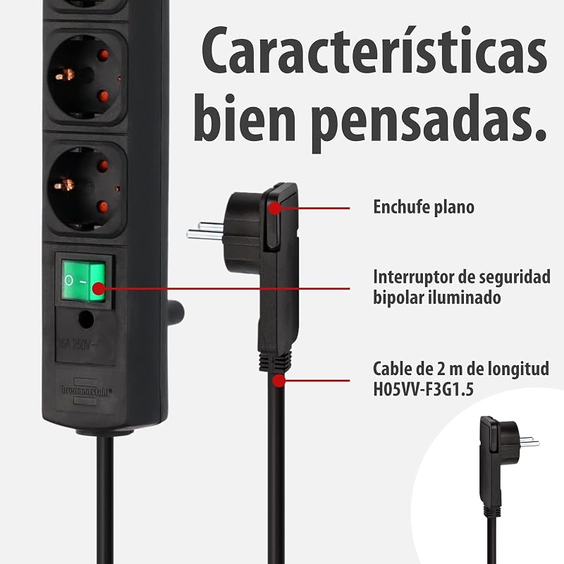 Comfort Line regleta de enchufes con 6 Tomas de Corriente para Montaje (Cable de 2 m, Interruptor Iluminado, montable, Enchufe Plano) Negro