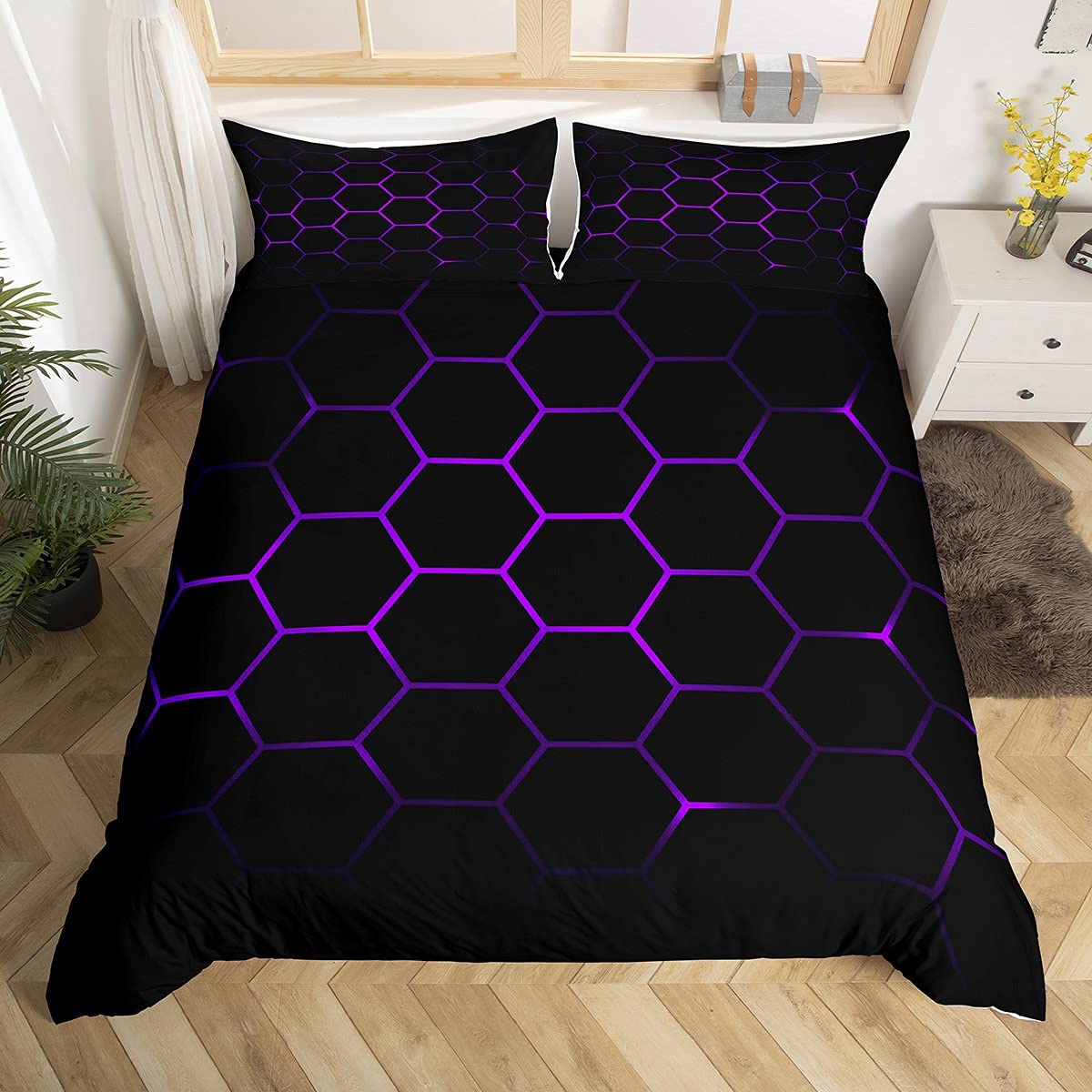 Geometric Duvet Cover 3D Hexagon Pattern Bedding Set for Kids Boys Girls Colorful Check Artwork Comforter Cover Purple Black Bedding & Linen 3Pcs Double