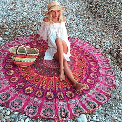 Round Tapestry Indian Mandala Tapestry Beach Blanket HippyTapestries Boho Gypsy Yoga Mat, Beach Towel, Tablecloth, Picnic Mat (57" Round/Fabric, Red)