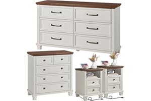 SAVOR LIFE Farmhouse Dresser and Nightstand Sets of 4 Piece, 5/6 Drawer Dresser and 2 Drawer Nightstand Set, Rustic Wood Bedroom Furniture Set for Home, Hallway,White