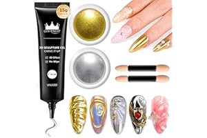 3D Nail Gel and Chrome Nail Powder BISHENGYF - 15g No Wipe 3D Sculpting with Rose Gold Chrome Powder Clear Non-Sticky Sculpting Gel for Home Art DIY