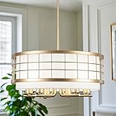 TMMAYSUN Gold Round 20" Drum Chandelier with White Fabric Shade, 6-Light Modern Farmhouse Large Pendant Light Fixture for Din