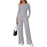 PRETTYGARDEN Fall Two Piece Sets For Women 2026 Off Shoulder Tops Long Pants Knit Matching Lounge Set Airport Travel Outfits