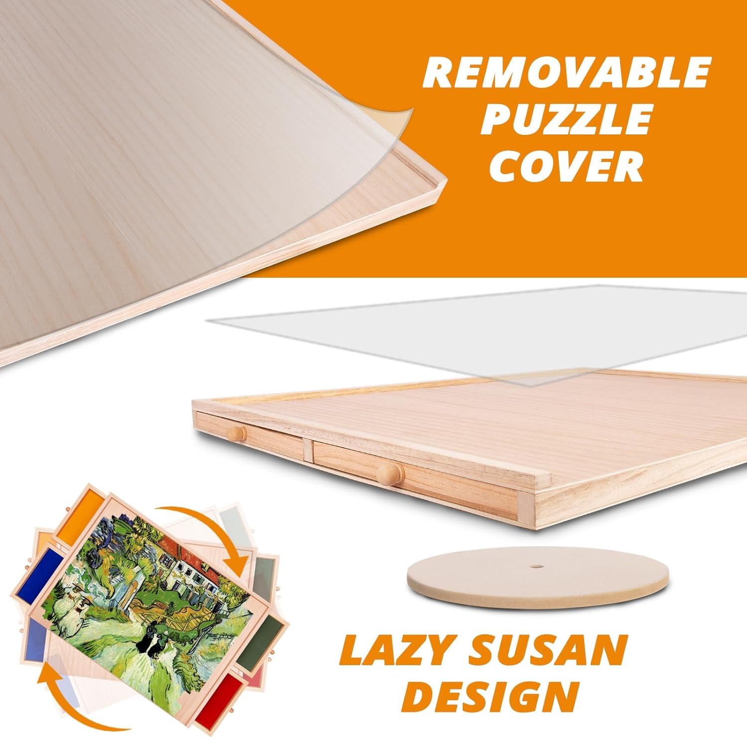 Puzzle Board with Drawers Rotatable 360-Degree Wheels and Cover 30