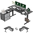 FLEXISPOT 63'' L Shaped Standing Desk with Drawers and Shelves, Large Corner Stand Up Desk with Headphone Hooks for Home Office, Black Top+ Black Frame