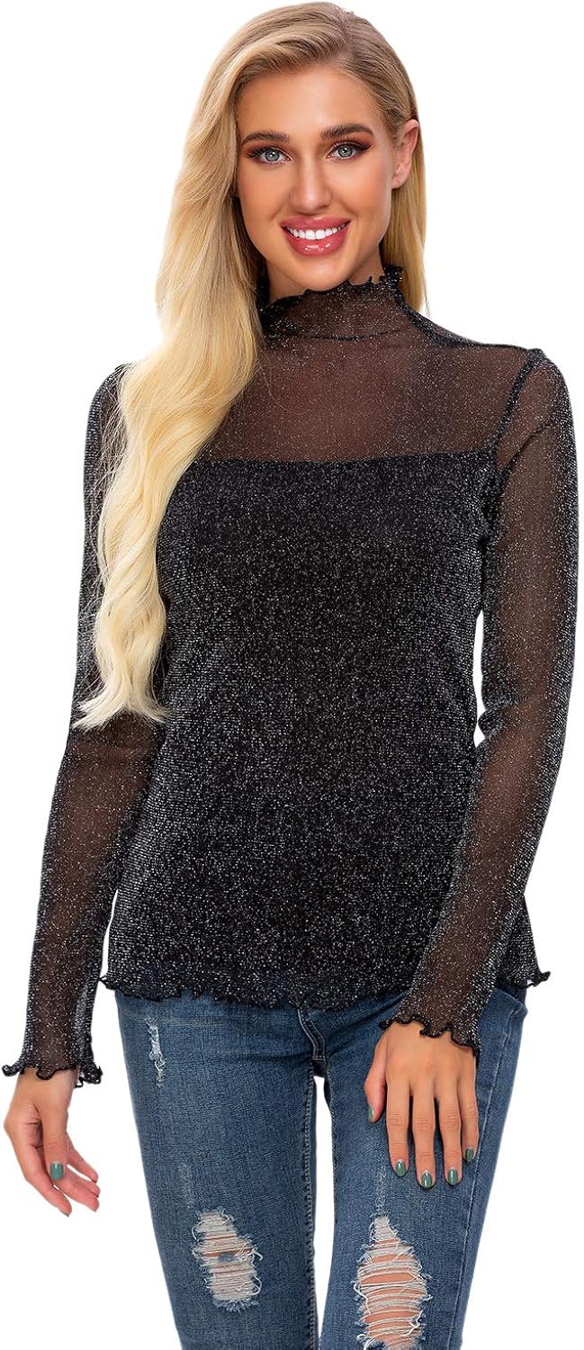 long sleeve glitter mesh top