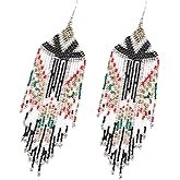 Long Beaded Tassel Earrings - American Flag Drop Earrings Bohemian Beaded, Seed Bead Tribal Dangle Earrings, Pendientes De Borla,Idea for Women