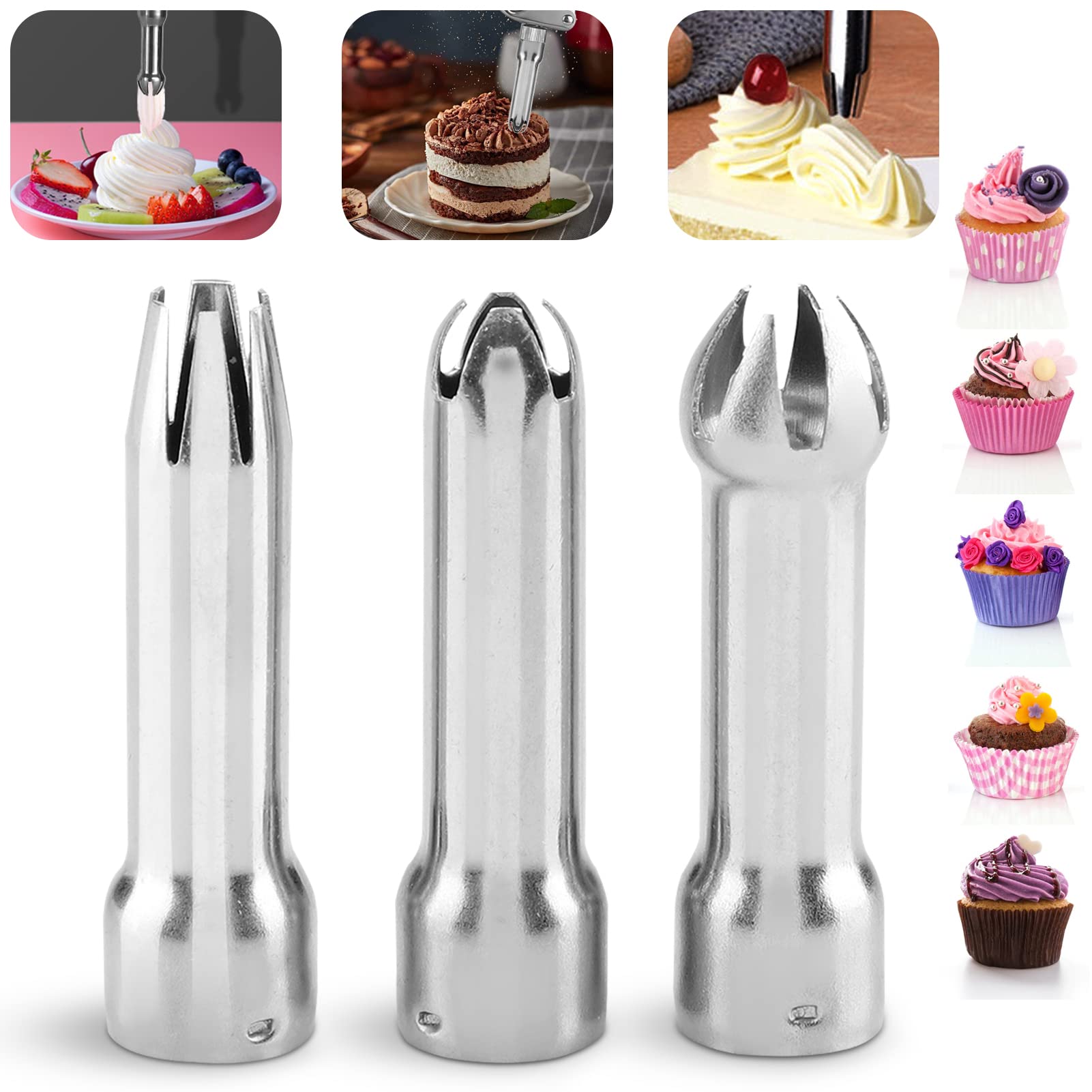 3Pcs Whipped Cream Dispenser Tips, Stainless Steel Cream Whipper Nozzles Cake Decorating Tools Whipped Cream Dispensers Replacement Parts for Dressing Cream, Desserts
