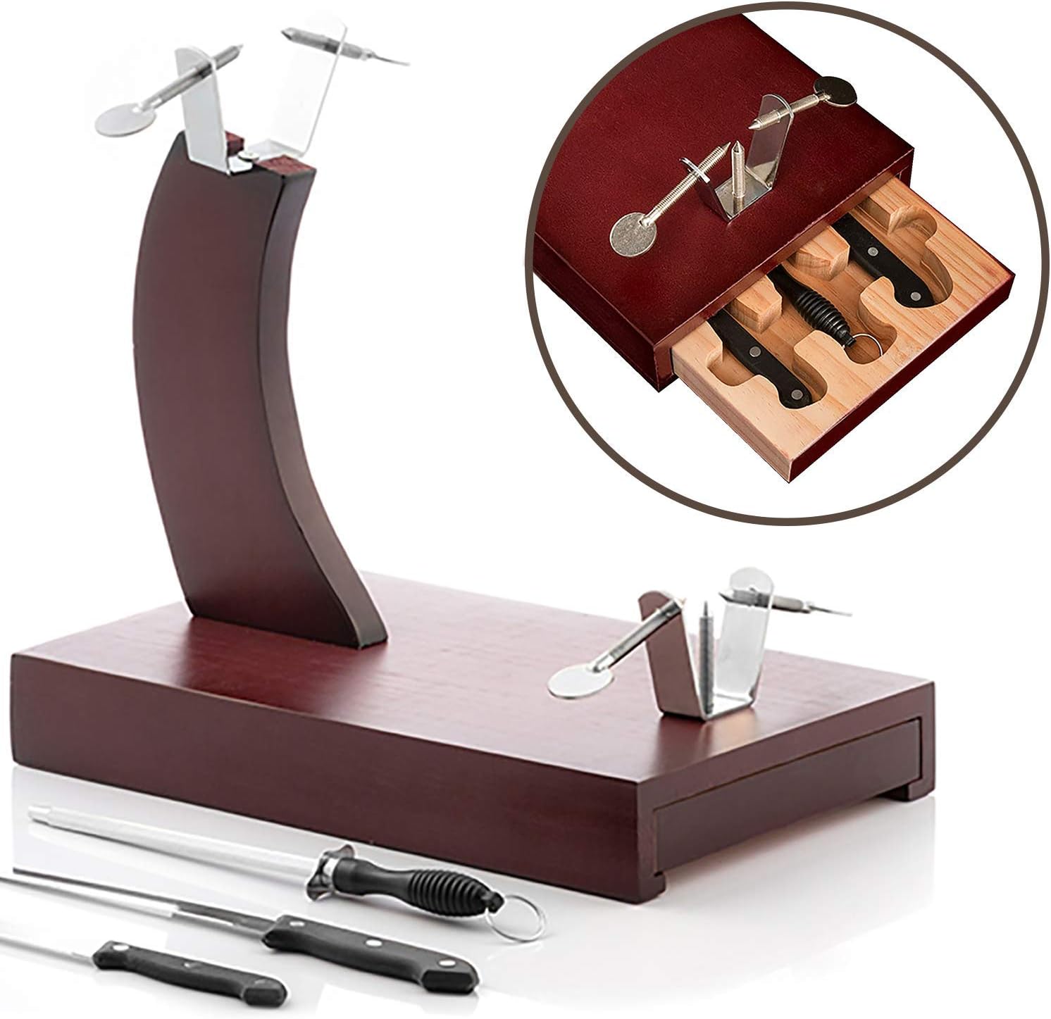 MovilCom® – Gondola Ham Stand with Drawer, 2 Ham Knives, 1 Sharpener – Chair, Wood Rustic Finish Cherry Colour (Mod.654305)