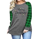 HDLTE Plus Size Merry Christmas Shirts Women Plaid Christmas Sweatshirt Long Sleeve Tee Tops