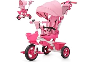 EOOWOY Toddler Tricycle with Push Handle, 7 in 1 Stroller Trike with 360° Swivel Seat, Reclining Backrest, All-Terrain Wheels, Dual Brakes, Canopy & Storage, Gift for Kids 18 Months to 5 Years, Pink