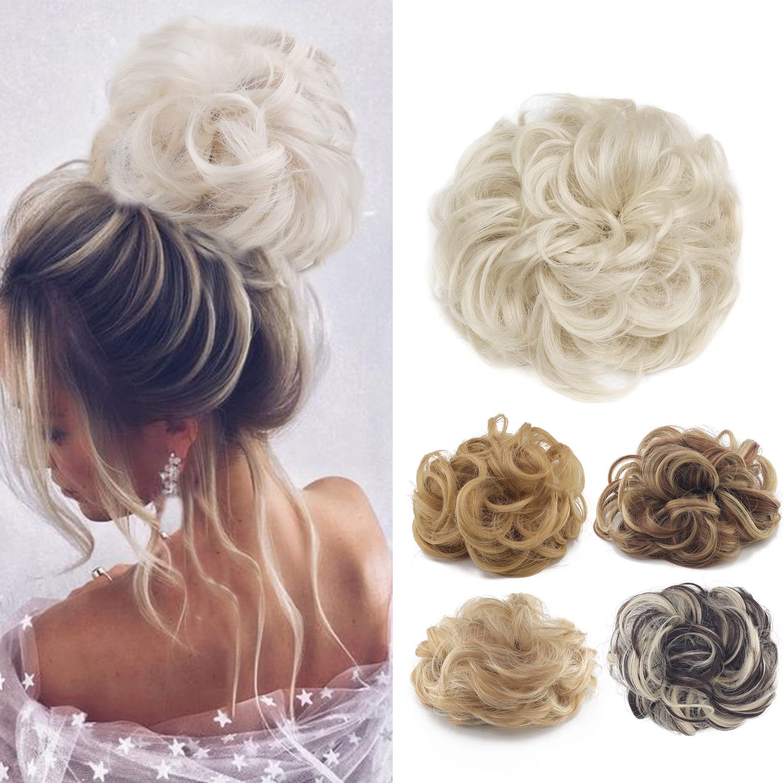 Cybelleza Messy Bun Hair Piece Curly Hair Scrunchies Thick Messy Hair Bun Updo Hairpiece Synthetic Ribbon Ponytail Extensions Donut Chignons Wavy Wig for Women Girls, 35g Platinum Blonde