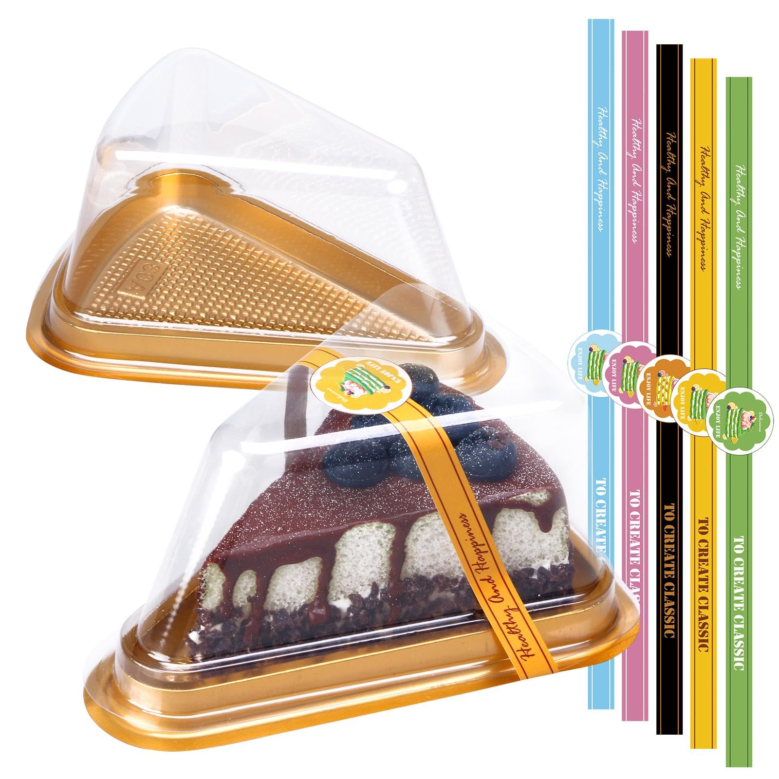 Photo 1 of INFLORAL Cake Slice Containers Clear Plastic Lids Pie Slice Boxes with Gold Bottom and Sticker for Individual Slices of Cakes Pie Cheesecake Tiramisu Mousse Dessert(50 Pack)