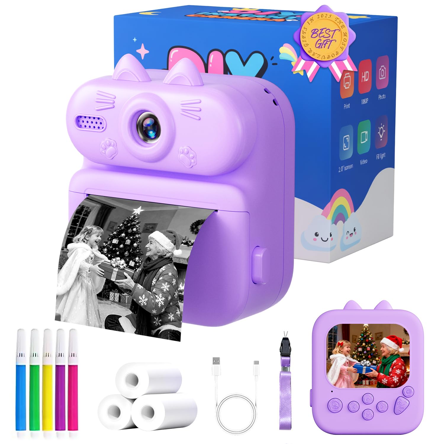 Photo 1 of Kids Camera Instant Print: Gleeglee 1080P Instant Print Camera for Kids - 32G SD Card - Lanyard - Christmas Birthday Gifts for Girls Boys - Portable Toy for 3 4 5 6 7 8 9 10 Years Old, Purple Cat