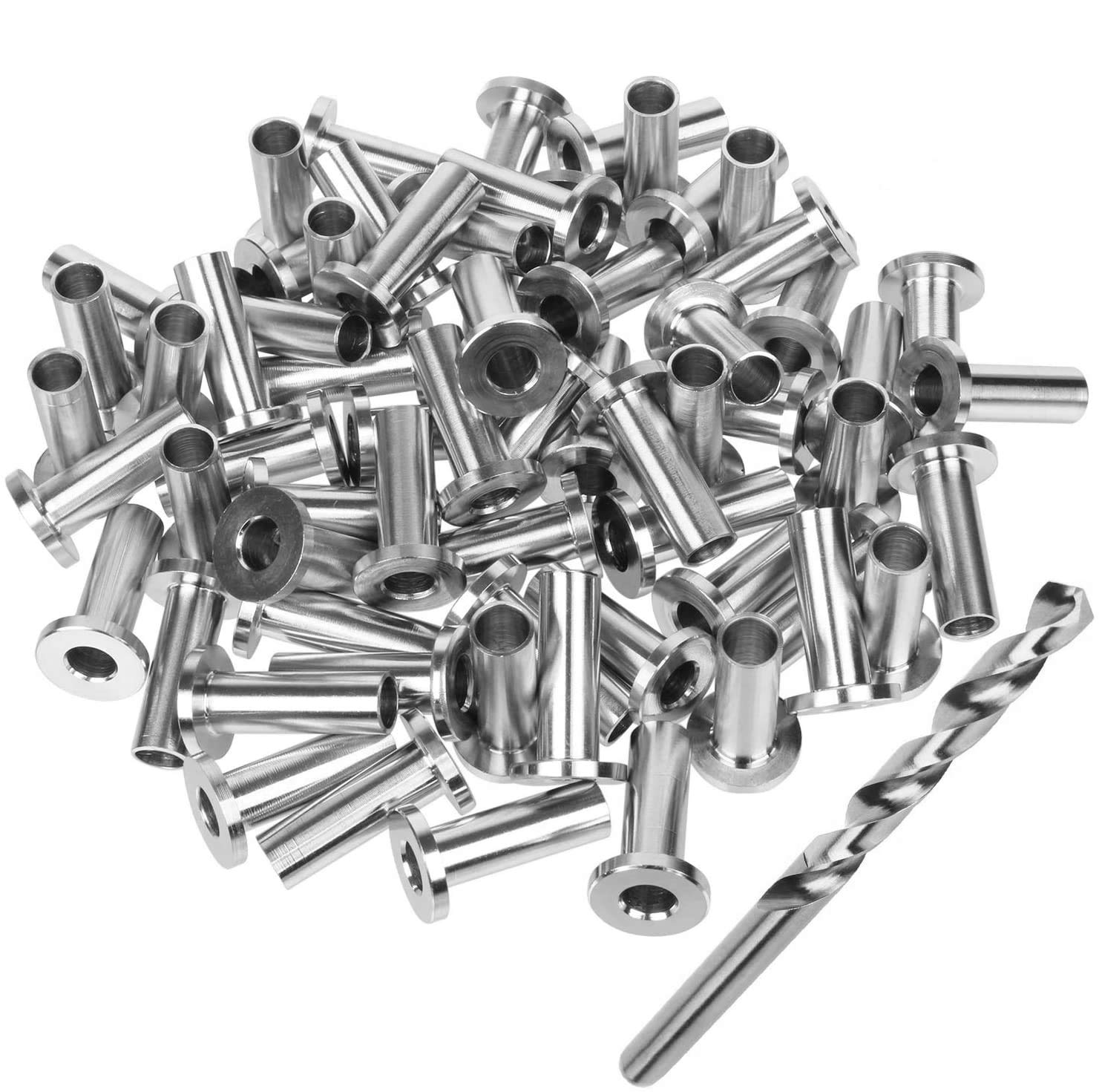 Stainless Steel Protector Sleeves Protective Sleeves Grommet Kit for 1/8" 5/32" or 3/16" Wire Rope Cable Railing, DIY Balustrade T316 Marine Grade Come with a Drill Bit (60 Pcs)