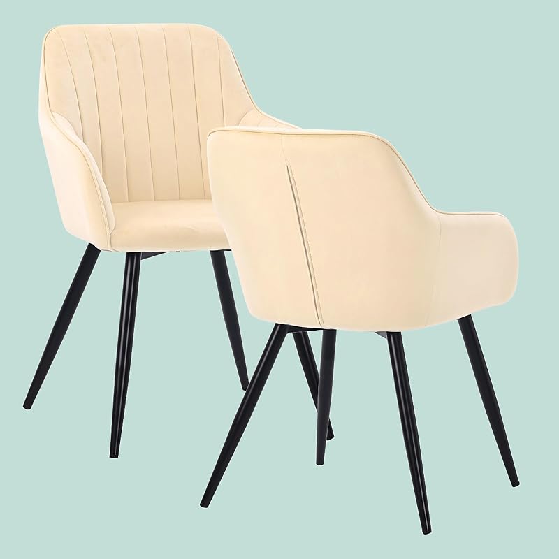 Silla de Comedor, Set 2, Terciopelo, Patas Metal, Brazos, Beige