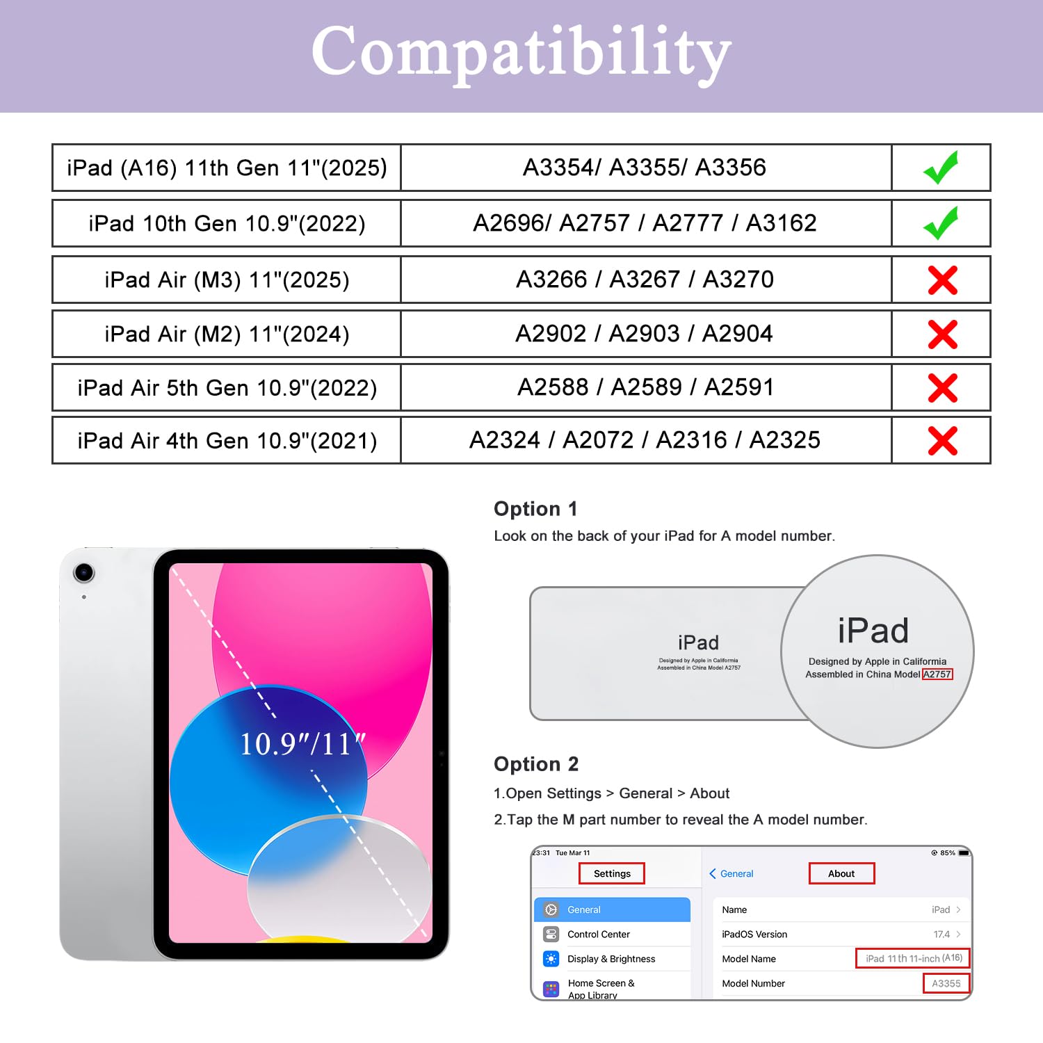 Soke for iPad (A16) 11th/10th Generation Case with Keyboard(2025/2022)-7 Color Backlight Wireless Detachable Folio Keyboard Cover with Built-in Pencil Holder for iPad 11/10.9 inch, Violet Marble