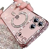 Changjia Magnetic Clear Glitter Case for iPhone 17 Pro Max,[Compatible with MagSafe] Cute Bling Sparkly Diamond Rhinestones with Camera Protector TPU Bumper Women Girls Case for iPhone 17 Pro Max,Pink