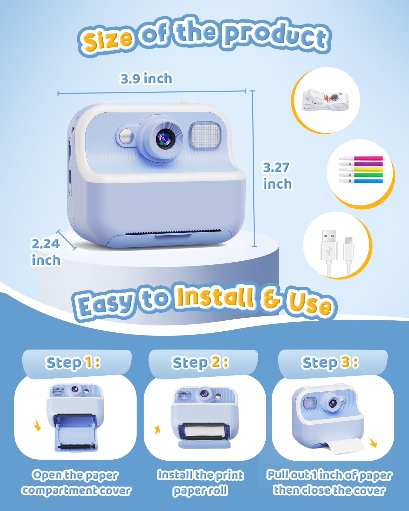 Instant Camera, Front Rear Dual Selfie Kids Camera with 1080P Videos, Holiday Birthday Gifts for Kids Age 3-12, Toddler Portable Travel Print Digital Camera Toy for 4 5 6 7 8 9 Year Boys Girls