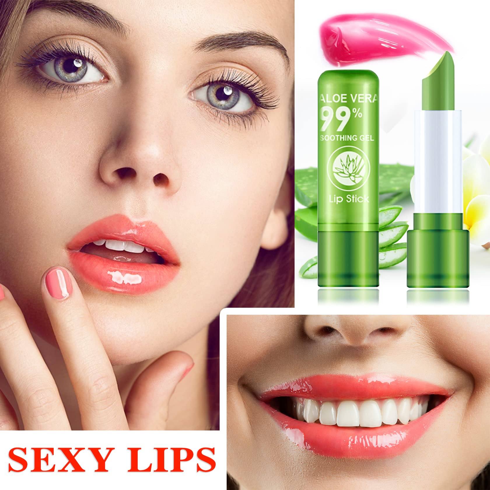 WYBLZPXZ 3 Pcs Aloe Vera Lipstick,Long Lasting Lip Care Nutritious Plumper Lip Balm Moisturizer Magic Temperature Color Change Lip Gloss