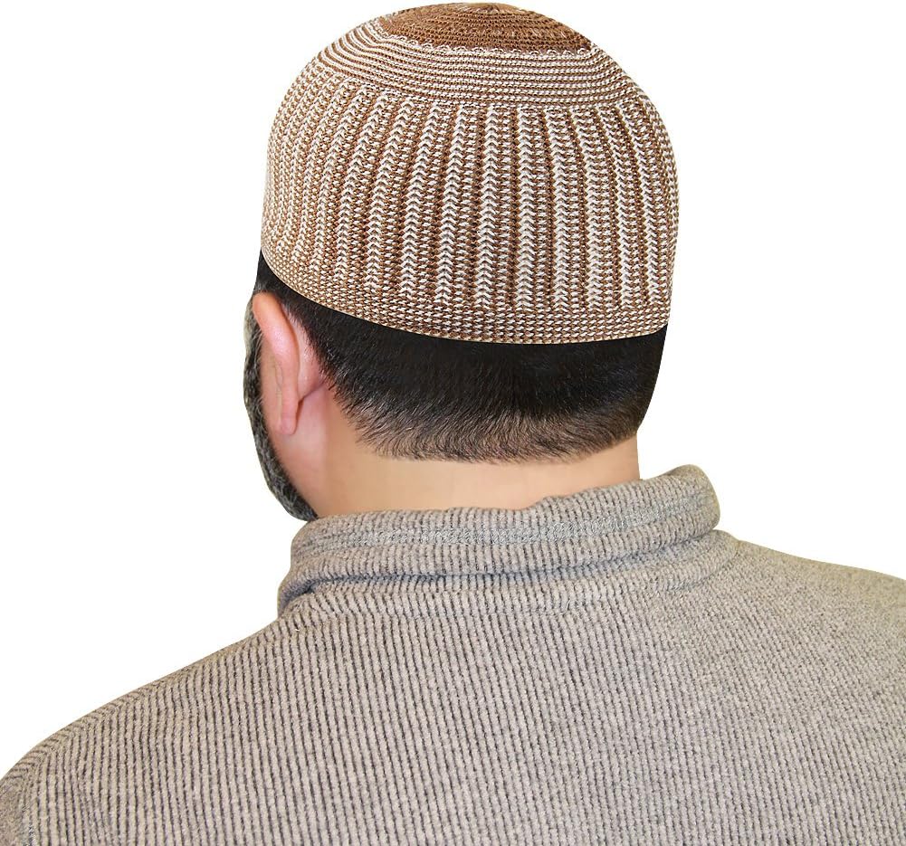 Hijaz Mens Topi White and Brown Knitted Kufi Prayer Cap with Vertical Stripe Pattern - 22 inch
