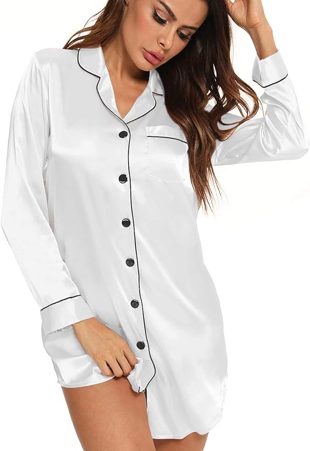 SWOMOG Women's Button Down Satin Nightshirt Long Sleeve Silk Sleepshirt