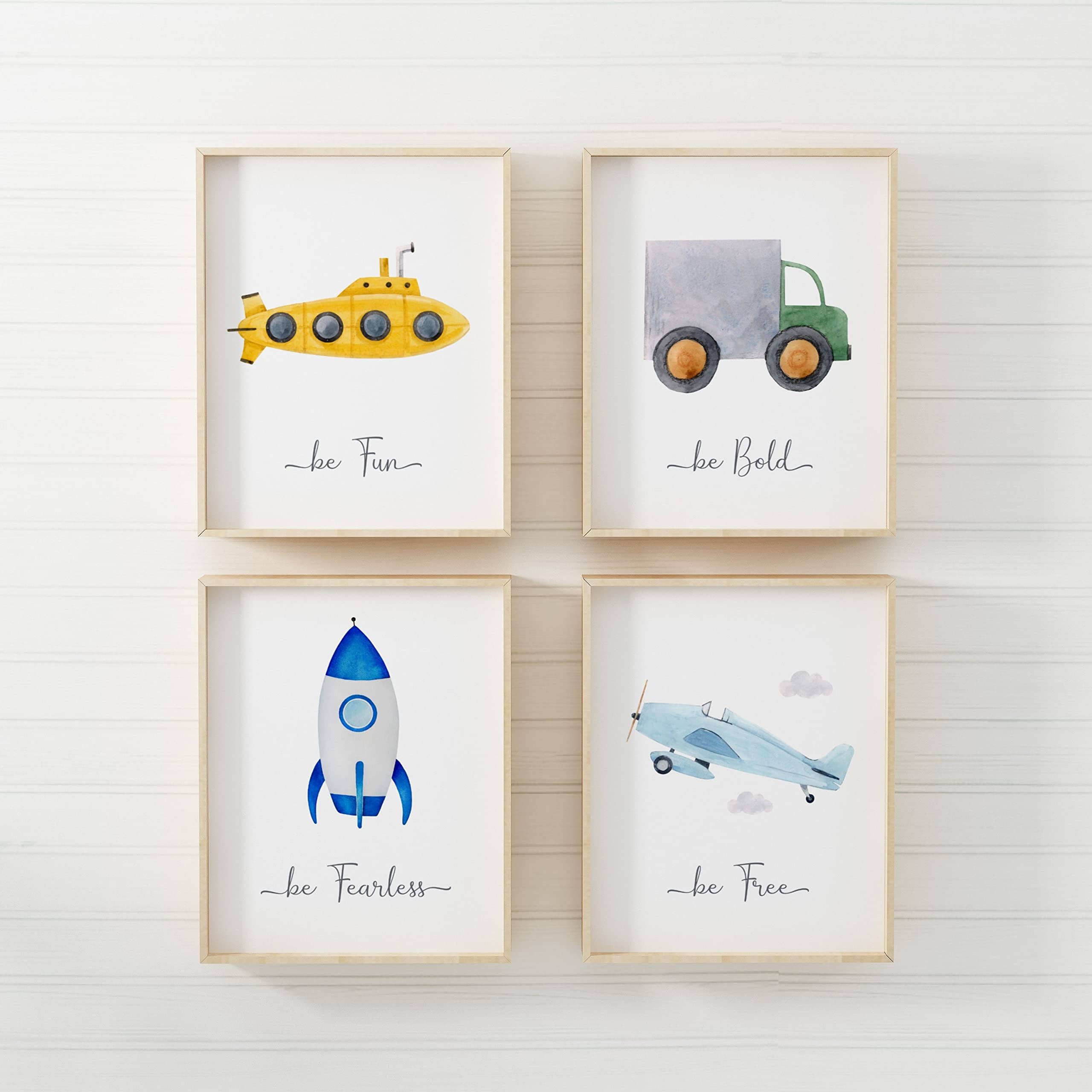 Pompom Prints® Watercolour Cars Children's Nursery Bedroom Wall Art Picture Prints + Inspirational Quotes Poster for Baby Boy | Set of 4 [Picture Frames NOT Included] (4 Prints, Set 2, A4)