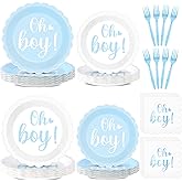 96PCS Oh Boy Baby Shower Decorations Blue Foil Scalloped Paper Plates Napkins Oh Boy Tableware Party Supplies Blue Baby Shower Dinnerware for Gender Reveal Birthday Welcome Party Favors